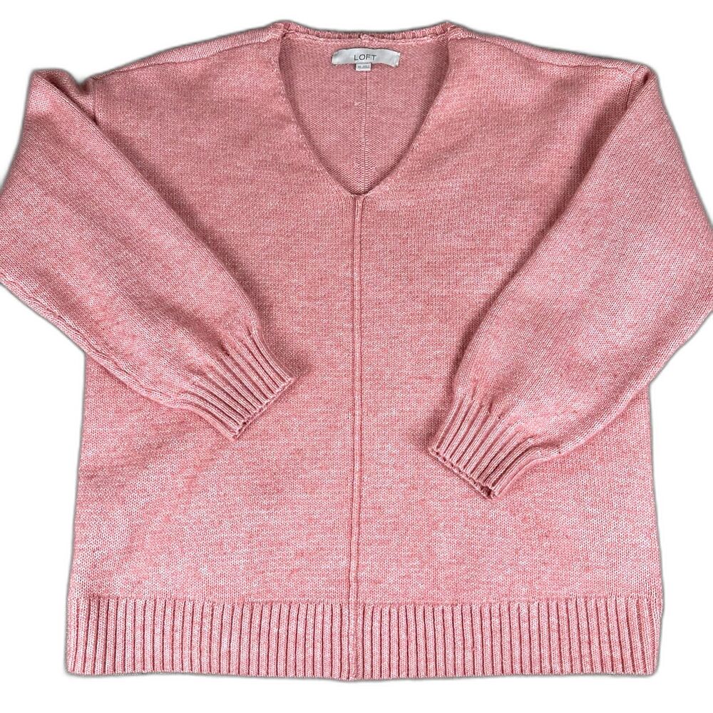 LOFT Womens Wool Blend Pink Knit V-Neck Sweater Long Balloon Sleeve XS OVERSIZED